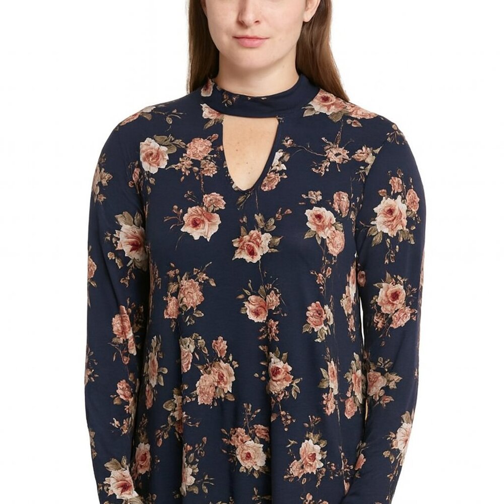 Xhilaration NWT Floral Print‎ Long Sleeve Top Keyhole Mock Neck Blouse Women's M